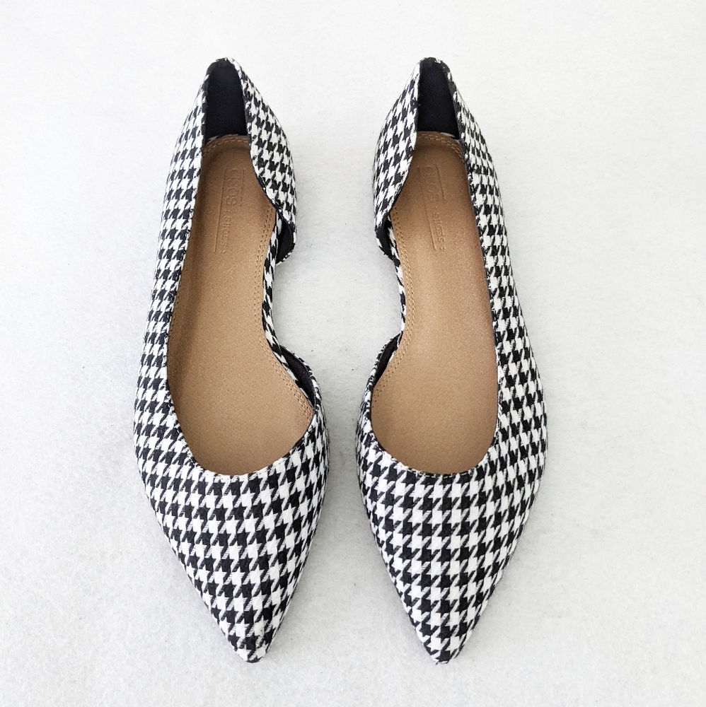 ASOS Houndstooth Black White D'orsay Pointed Roll Tide Flats Womens Sz 9 Wide